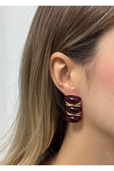 KİLİGİSTANBUL GOLD RENK BORDO REÇİNELİ RETRO KÜPE