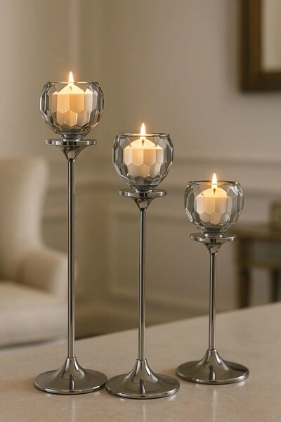 Arma House 3'lü Gümüş Lüx Kristal Cam Şamdan Seti