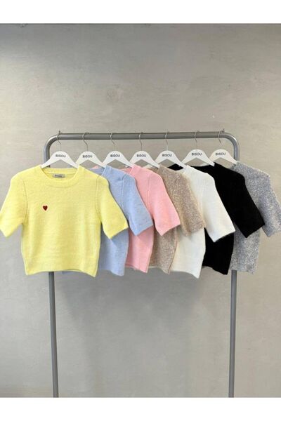 OYERGA MODA Women's Short Sleeve Heart Detailed Sweater