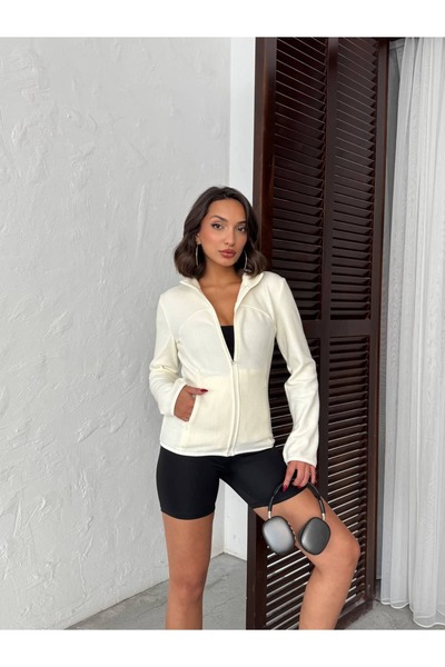 Miss Prova Ecru Mock Neck Zippered Knitted Sports Jacket Missplr2684