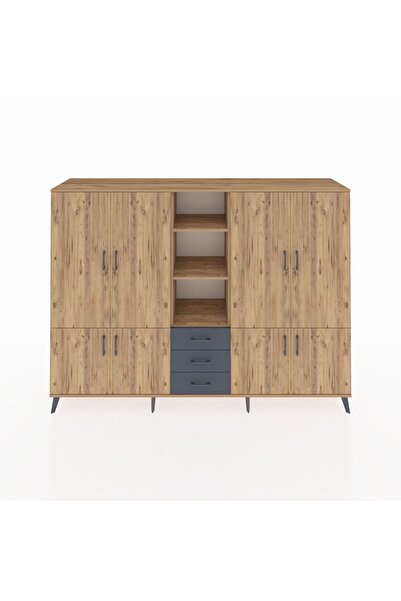 Dienni Hyperion Dolap 11 Raflı 3 Çekmeceli 8 Kapaklı 220x44x163 Çam-Çam/Antrasit