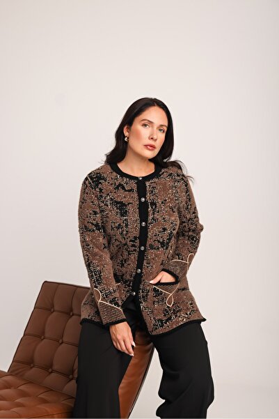 Uludağ Triko Women's Brown Furry Stripe Accessory Pocketed Knitwear Mother Cardigan