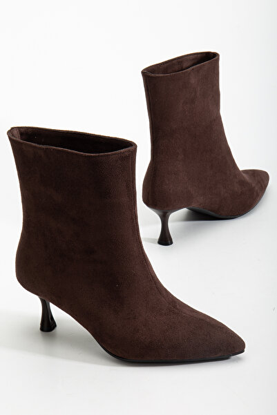 BY BERLE SHOES Kadın Kahve Süet İnce Topuklu Sivri Burun Bot