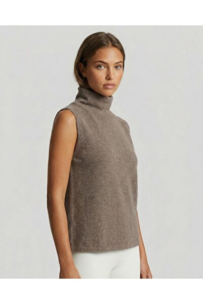AMİDA Women's Sleeveless High Neck Brown Knit Sweater - 2534
