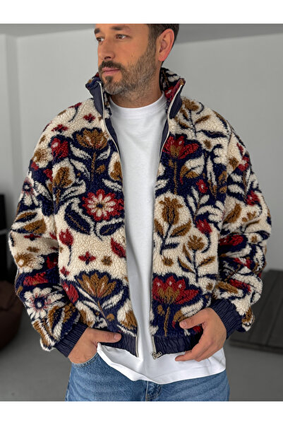 BYBASICMAN Синя плюшева куртка на блискавці з квітковим візерунком TW-7077