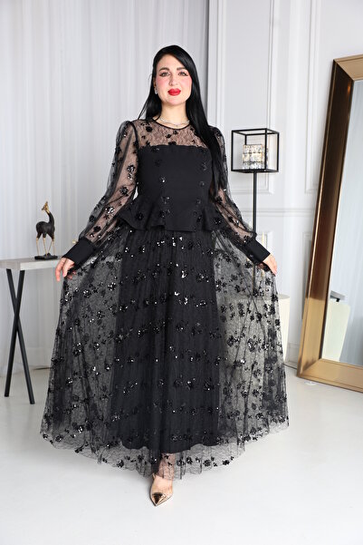 berlanty فستان سهرة طويل أسود أنيق ومطرز بشك لامع