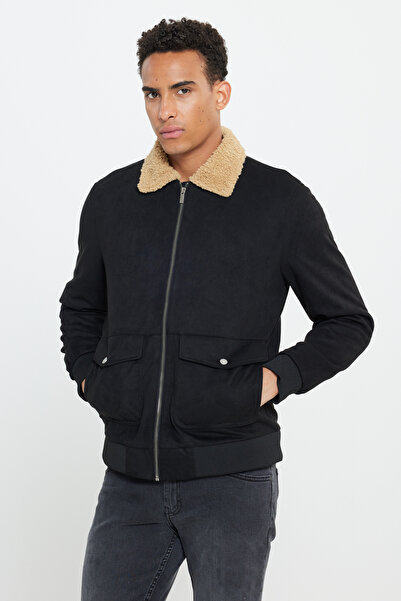 AC&Co / Altınyıldız Classics Black Standard Fit Regular Cut Shirt Collar Suede Look Coat