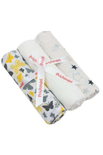 PRICHINDEL Set of 3 muslin cloths, Butterfly yellow and grey stars, multicolor, 75 x 70 cm
