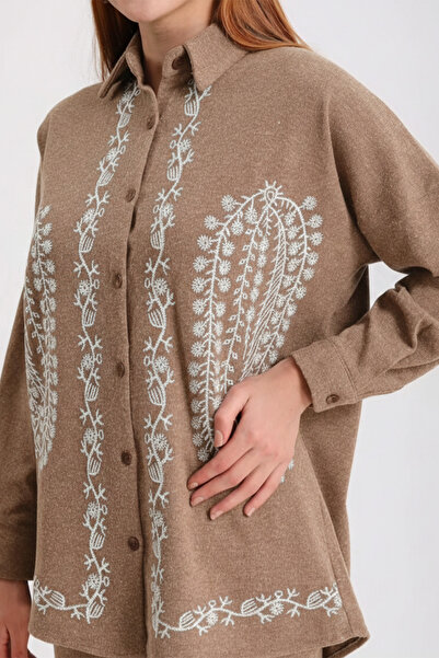 Hatun Atila Embroidered Hera Fabric Double Suit 7671 Light Brown