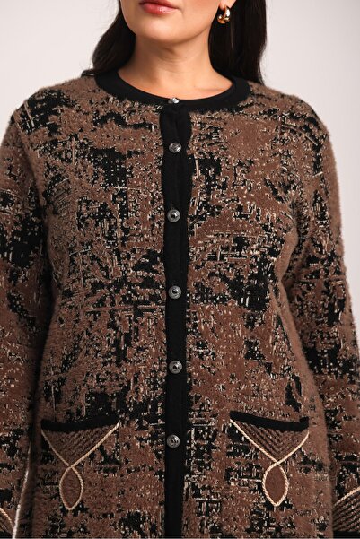 Uludağ Triko Women's Brown Furry Stripe Accessory Pocketed Knitwear Mother Cardigan