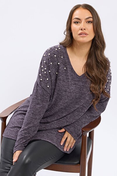 Stil Diva Plus Size V-Neck Long Sleeve Beaded Plush Sweatshirt 285054