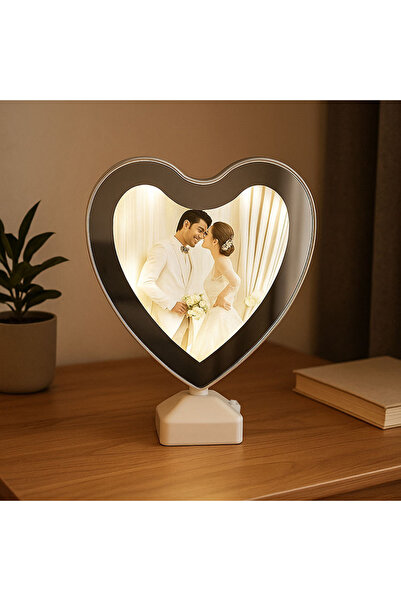 EYLORAA Kişiye Özel Resimli Led Işıklı Kalpli Sihirli Ayna & Resim Çerçevesi Gece Lambası (Pilli ve Usb Li)