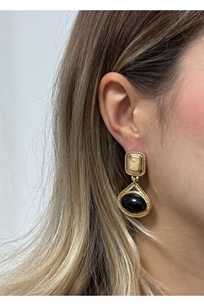 KİLİGİSTANBUL Cream&Black Mineral Retro Gold Earrings