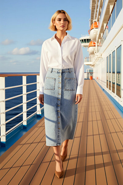 BENERLY Women's High Waist Buttoned Maxi Denim Skirt Straight Pencil Fit Func...