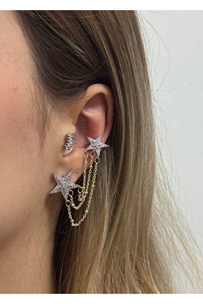 KİLİGİSTANBUL Double Colored Star, Cuffed Earrings