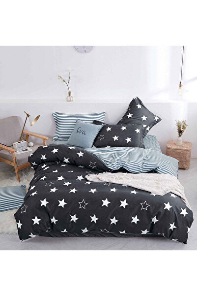 trendyhome Double Bed Bedding, Satin Cotton 4-Piece – White Stars, Dark Gray & Blue