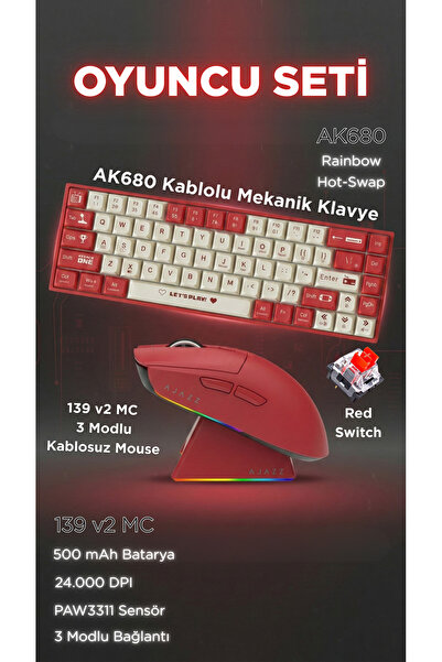 Ajazz 139 v2 MC 3 Modlu Kablosuz Mouse + AK680 Kablolu Mekanik Klavye Oyuncu Seti