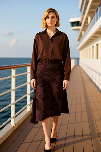 BENERLY Kadın A line Midi Etek Şal Desenli Düşük Bel %92 Polyester %8 Elastan...