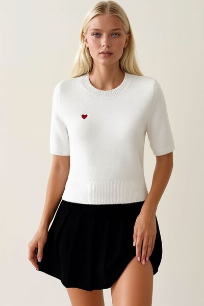 OYERGA MODA Women's Short Sleeve Heart Detailed Sweater