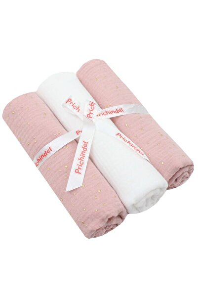 PRICHINDEL Set of 3 muslin diapers, Metallic dots, pink with white, 80 x 67 cm