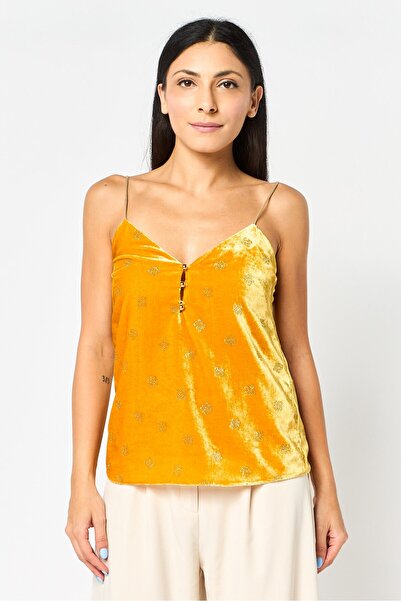 PİNKO Women V Neck Sleeveless Metallic Tank Top, Mustard