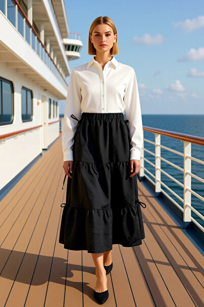 BENERLY Fusta țesută maxi pentru femei, cu talie elastică, cu detaliu panglic...