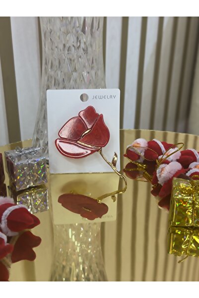 Hicrans Takı KIRMIZI BÜYÜK GÜL MODEL BROŞ YAKA İĞNESİ