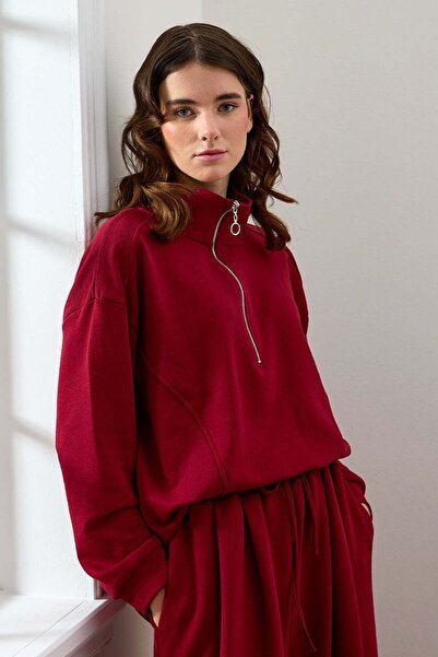 Ceylan Otantik Bordo 3 İplik Yarım Fermuarlı Sweat