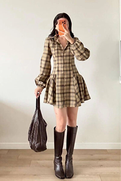 Eka Kadın Kahve Ekose Gömlek Elbise 1041-2743