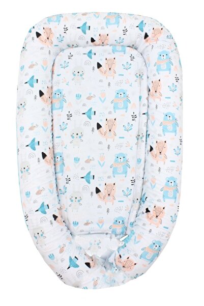 PRICHINDEL Minky nest, Bear with pink scarf, 80x50 cm, turquoise and white