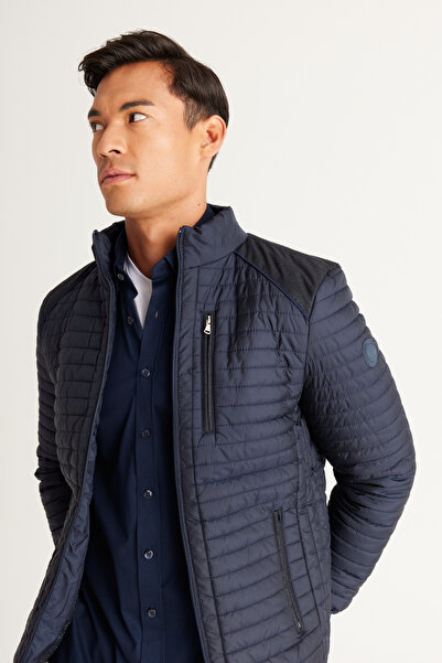 ALTINYILDIZ CLASSICS Navy Blue Standard Fit Regular Cut Mock Neck Patterned Coat