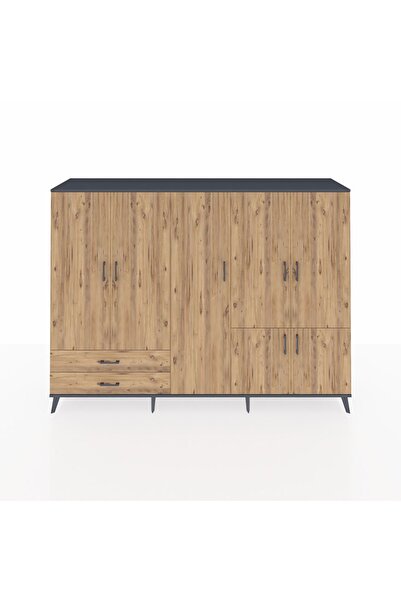 Dienni Hyperion Dolap 12 Raflı 2 Çekmeceli 7 Kapaklı 220x44x163 Antrasit-Çam