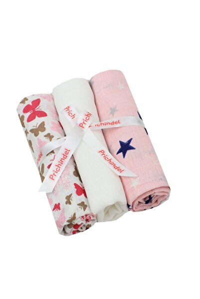 PRICHINDEL Set 3 scutece, muselina, Butterfly roz si stele, multicolor, 75 x 70 cm