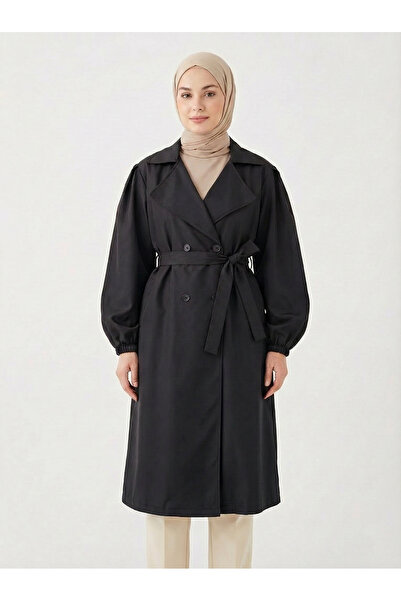 Lunsera Store Buttoned Kruveze Long Trench Coat-Black
