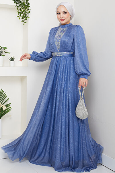Feiza Collection Önü Piliseli Kemerli Abiye Elbise - İNDİGO