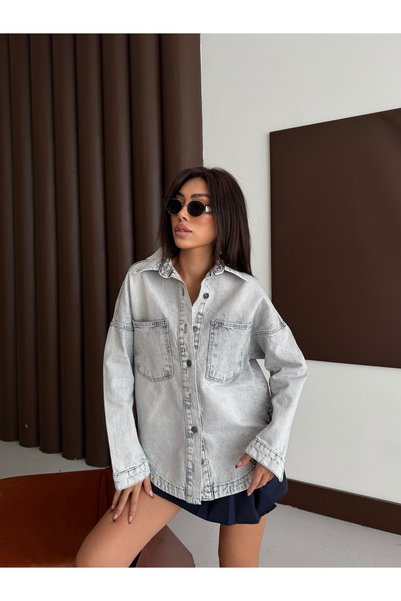 XRAY JEANS Women's Jeans Long Buttoned Pocketed Gray Denim Jacket