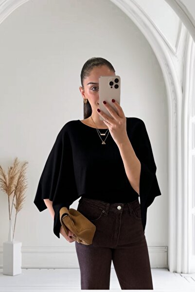 MODAMERSİ Women's Black Oversized Cape Model Knitwear Sweater