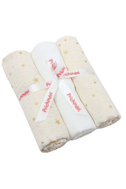 PRICHINDEL Set de 3 scutece de muselină, stele metalice, ivory cu alb, 80 x 6...