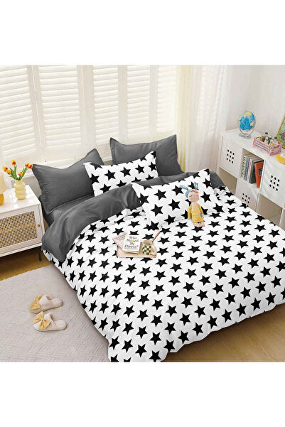 trendyhome Satin Cotton Bedding Set 4 Pieces – Stars Pattern, White/Black