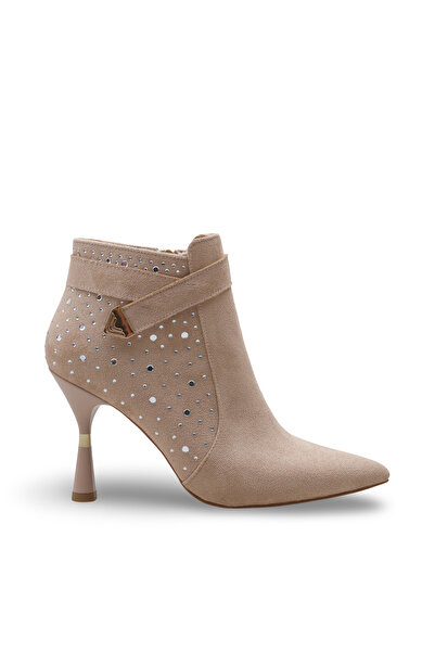 Women Lay-z ♥️ Women's Beige Suede, 9.5 cm Heels, Pointed Toe, Stylish Boot Model with Stone and Gold Accessories