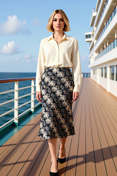 BENERLY Fusta midi din satin țesut cu model de șarpe pentru femei, funcțional...