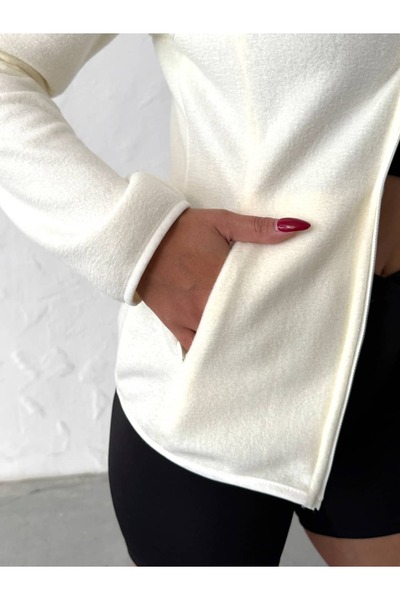 Miss Prova Ecru Mock Neck Zippered Knitted Sports Jacket Missplr2684