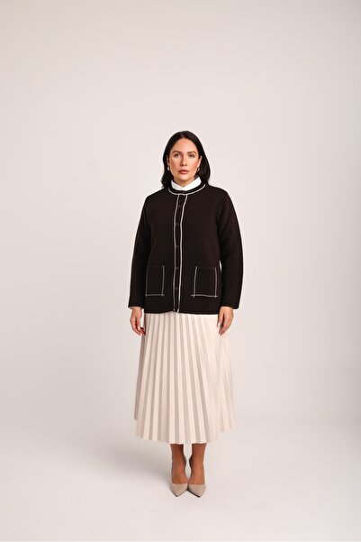 Uludağ Triko Women's Brown Striped Woven Detailed Pocketed Knitwear Knitted Cardigan