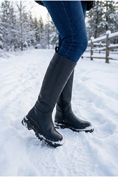 BonuStep Vegan Leather Black Women's Boots with Zipper and Thick Sole