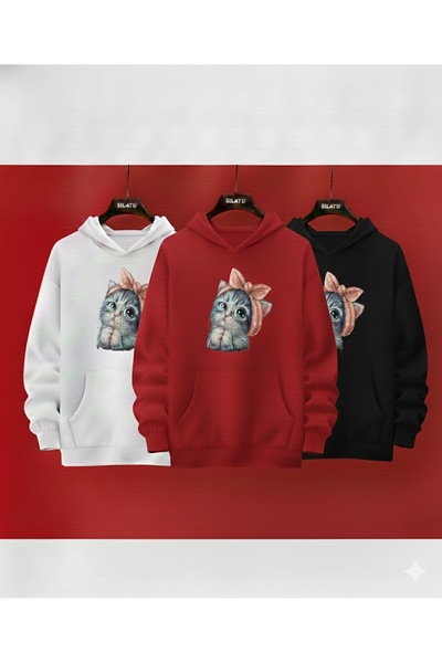 SILATU طباعة قطة على سترة بغطاء للرأس (3 قطع)