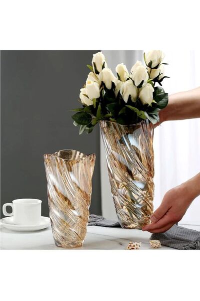 akdeniz home SDH-1487 Şahane Cam Vazo | 23 cm | Gold/Gümüş Detaylı | Bal ve Füme Renk Seçenekli