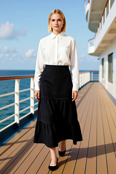 BENERLY Fusta maxi de damă, poplin simplu, cu curea, model skater, funcțional...