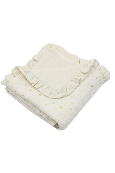 PRICHINDEL Pătură dublă de muselină, Stele metalice cu volane, ivory, 80x100 cm