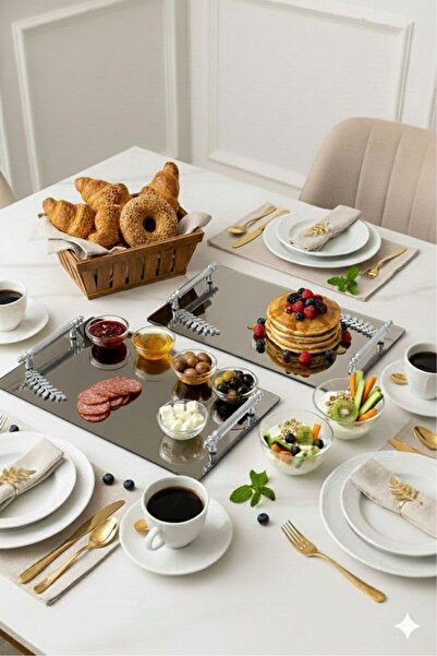 Mirsa Global صينية تقديم مزخرفة بنمط أوراق الشجر مع مرآة، صينية شاي، صينية شاي فاخرة