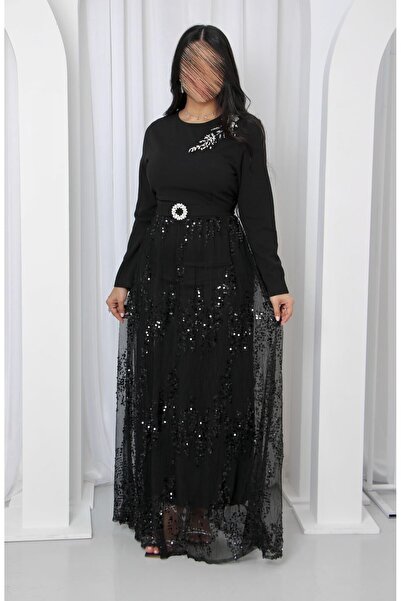 SELSAL Elegant, shimmering black sequined dress with sleeves